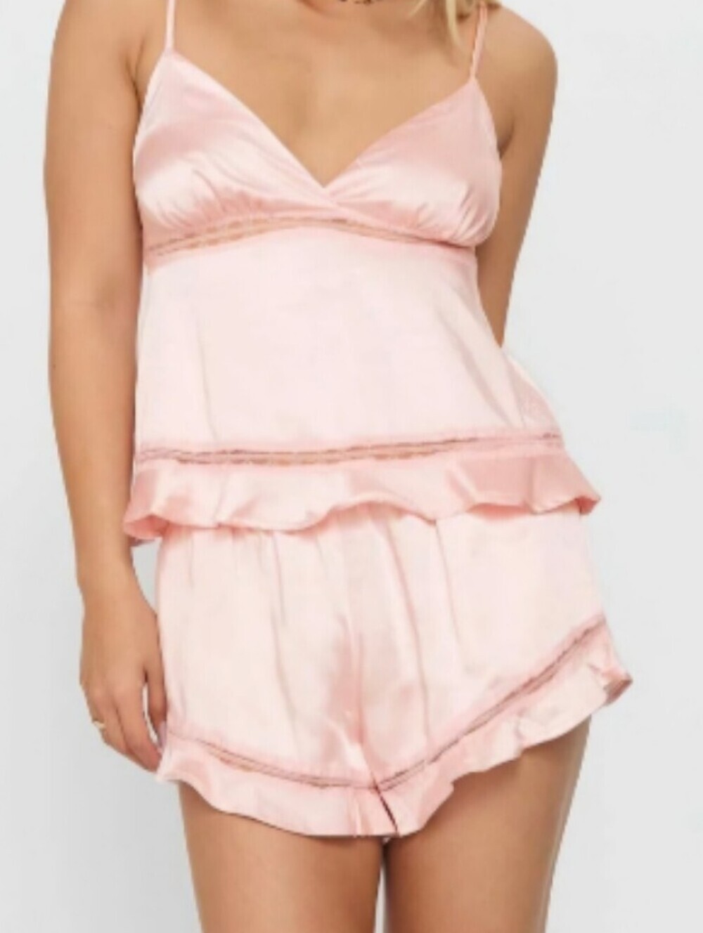 Pale Pink Satin Ruffle Hem Short and Cami Set